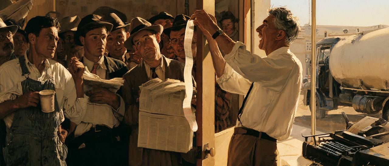 Norman Rockwell style painting of a grinning clerk holding up ticker tape as anxious shopkeepers and businessmen in fedoras crowd the doorway.