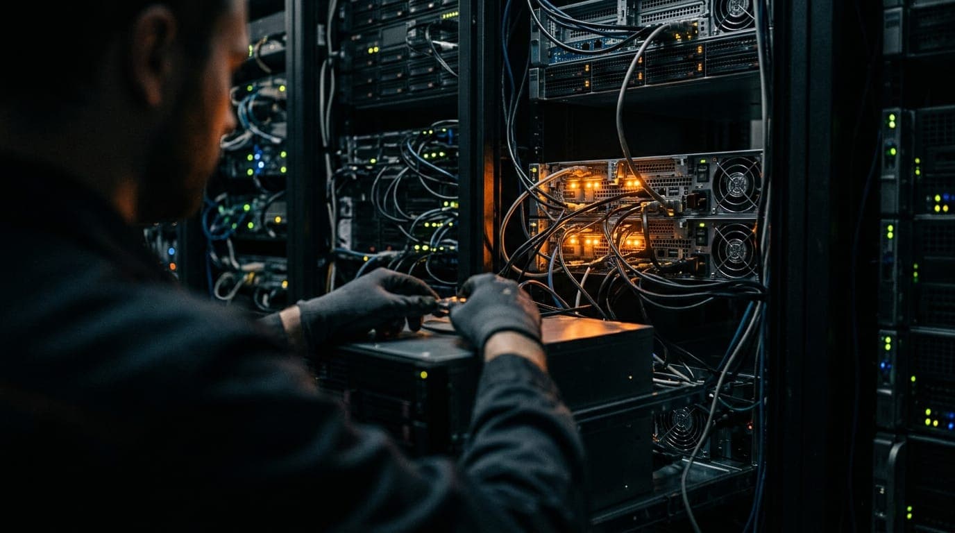 A technician's hands hover over an open rack-mounted server in a dimly lit data center, the blinking amber warning lights of several nodes casting a nervous orange glow across rows of