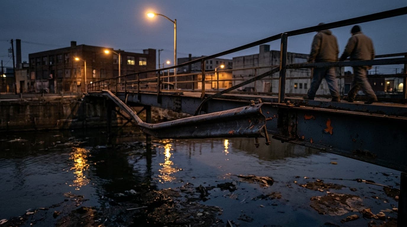 A steel footbridge over a murky industrial canal at dusk, its bolts visibly loose and one guardrail section bent and hanging, orange sodium streetlights casting a sickly glow across the