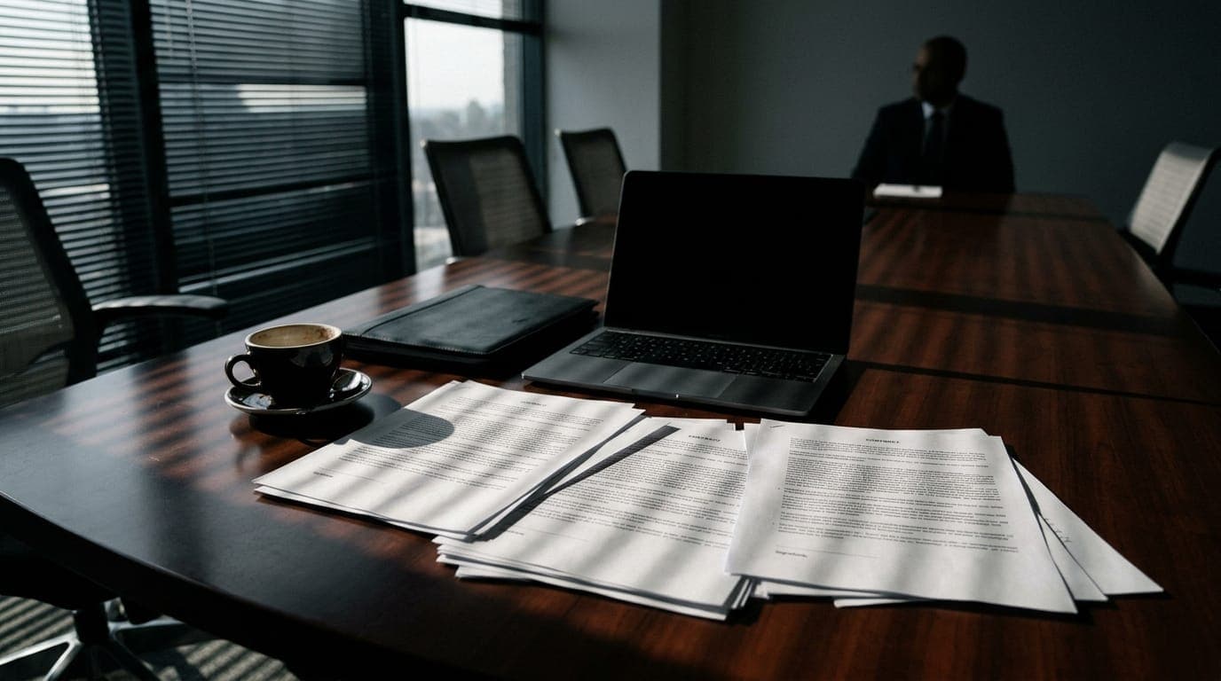A stack of unsigned legal contracts sits splayed across a polished mahogany conference table beside a cold cup of coffee and a switched-off laptop, the papers caught in the harsh