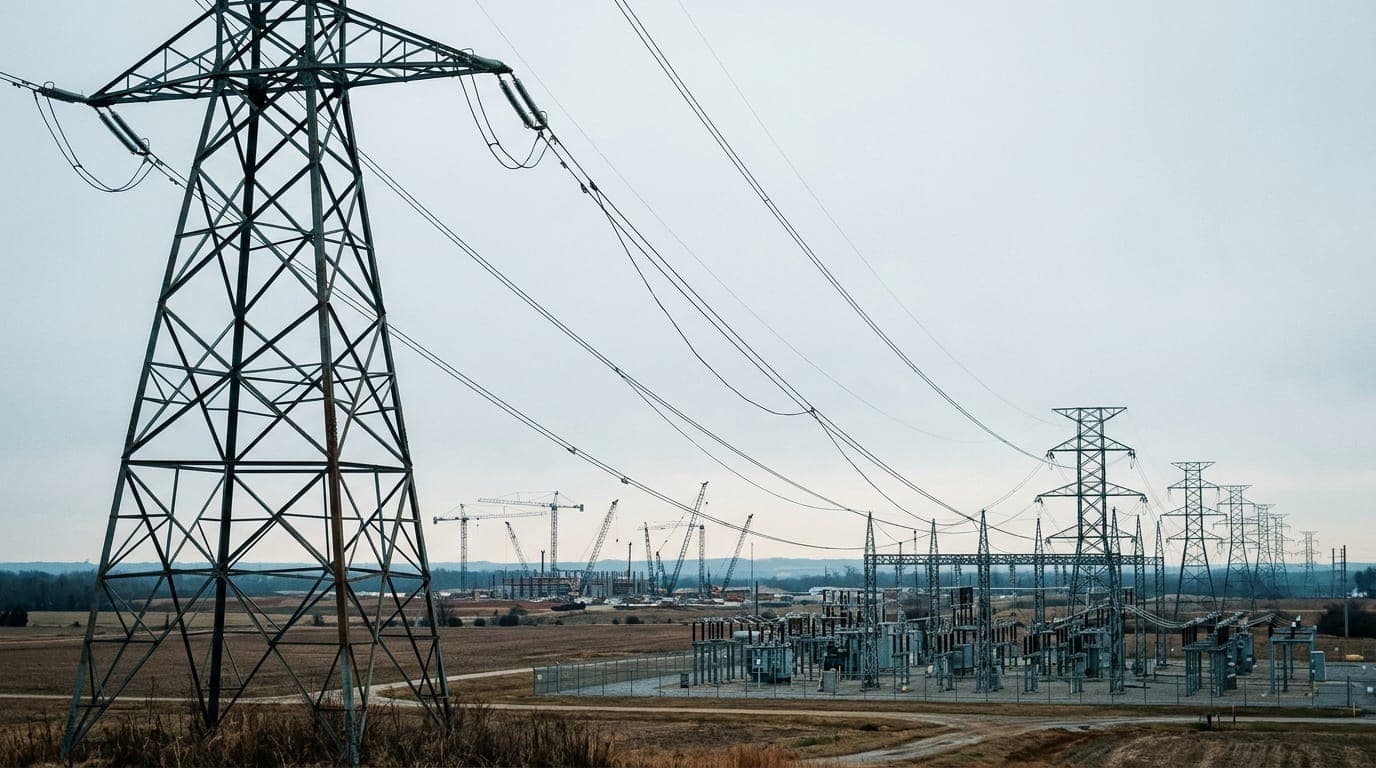 A towering steel electrical transmission tower stands against a pale overcast sky in a flat Tennessee valley, thick high-voltage cables stretching into the distance toward a sprawling