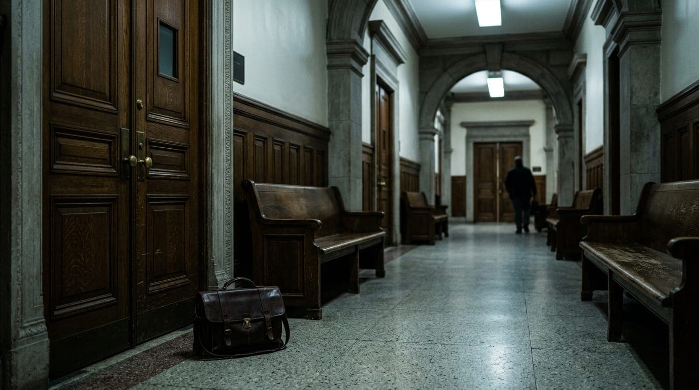A federal courthouse corridor bathed in cold fluorescent light, empty wooden benches lining the marble hallway, a lone leather briefcase resting on the floor beside a closed dark oak