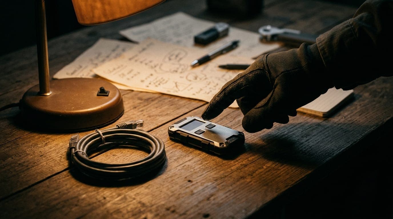 A gloved hand hovers over a mechanical hardware wallet resting on a weathered wooden desk beside a coiled ethernet cable and a dim amber desk lamp casting long shadows across scattered