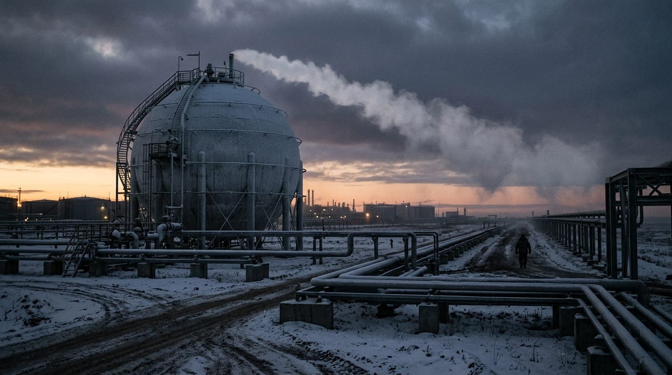 A frost-covered industrial gas storage tank looms against a bruised winter sky at dusk, its steel flanks catching the last cold orange light while a thick plume of vapor drifts sideways in