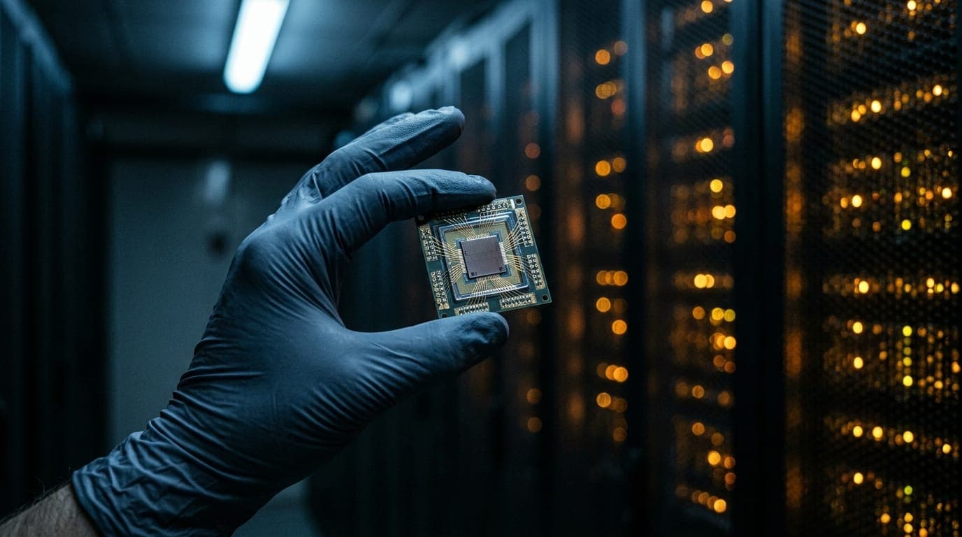 A researcher's gloved hand holds a translucent silicon quantum processor chip under cold blue laboratory fluorescent light, with rows of blurred server rack LEDs glowing amber in the
