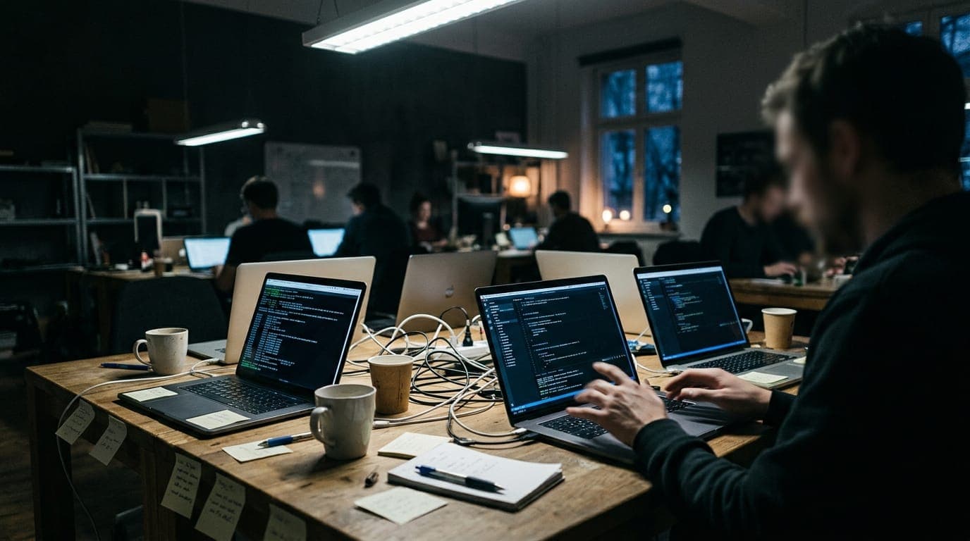 A cluster of open laptops arranged in a semicircle on a long wooden workshop table glow with terminal windows and code, their cables tangled beneath scattered coffee cups and handwritten