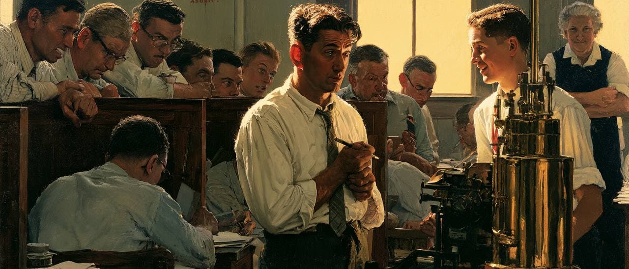 A painted 1950s office where a skeptical man in a tie folds his arms as a smiling young clerk shows off a gleaming brass machine to watching coworkers.