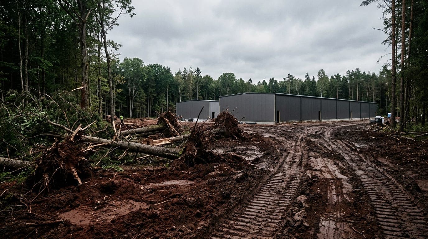 A wide-angle ground-level shot of freshly bulldozed red earth at the edge of a dense forest, with massive uprooted trees lying on their sides amid churned mud, industrial excavator tracks