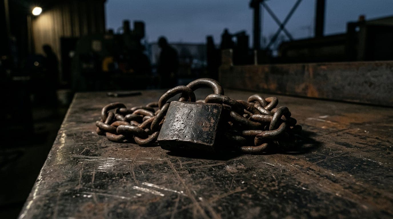 A weathered iron padlock clamped shut over a tangle of heavy steel chain rests on a scratched metal table, lit by harsh directional light that casts deep shadows across the rusted links