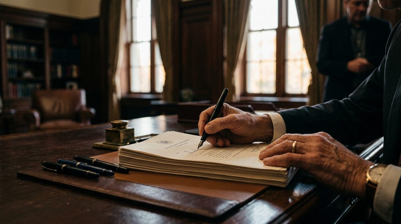 A weathered government official's hand signs a thick stack of formal documents on a mahogany desk, a neat row of fountain pens beside it, lit by the warm afternoon light streaming through