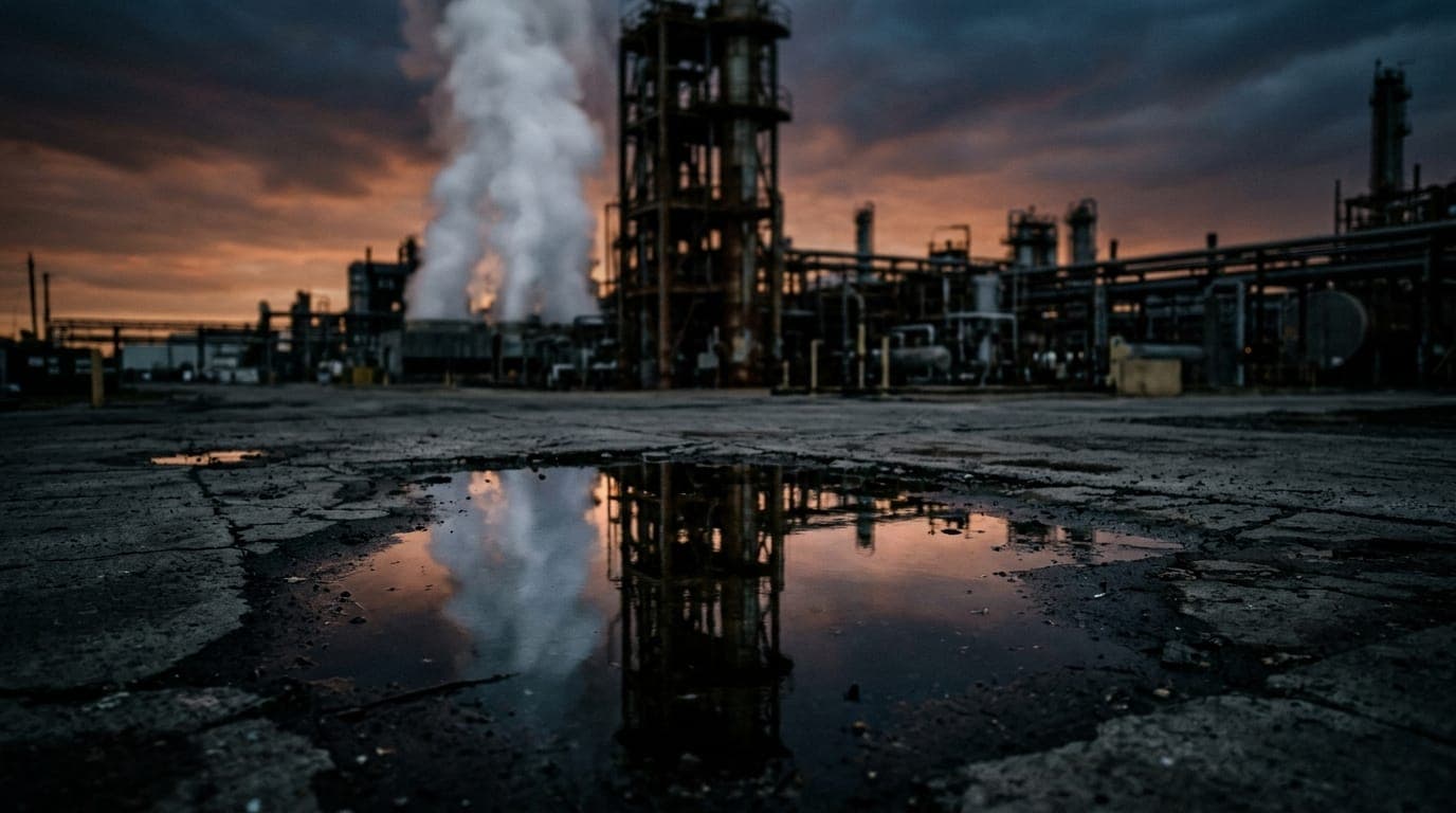 A blurred refinery tower exhales a thick column of white steam against a bruised orange dusk sky, its rusted steel infrastructure reflected in a dark pool of standing water on the cracked
