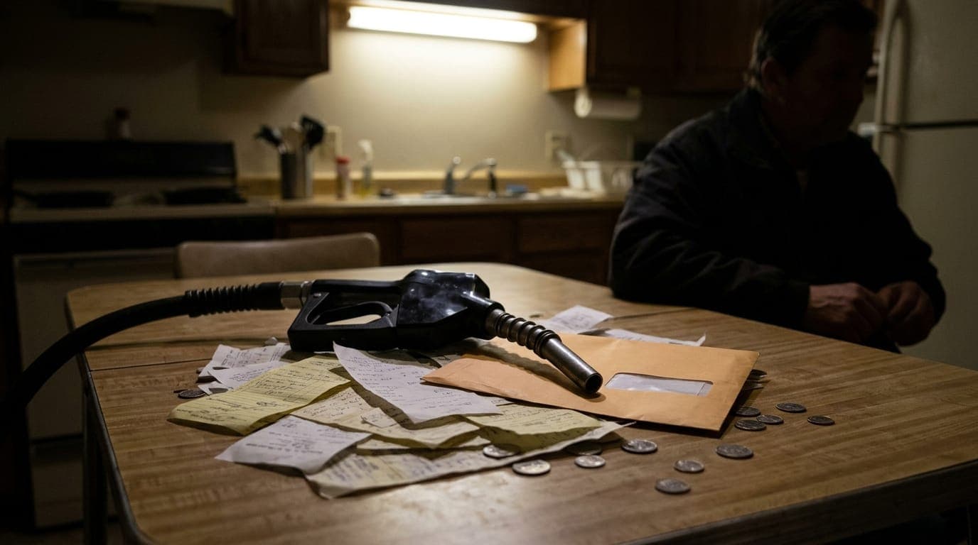 A worn kitchen table holds a scattered pile of crumpled receipts, a gas station fuel nozzle resting beside an overdue utility envelope and a handful of coins, all lit by the harsh