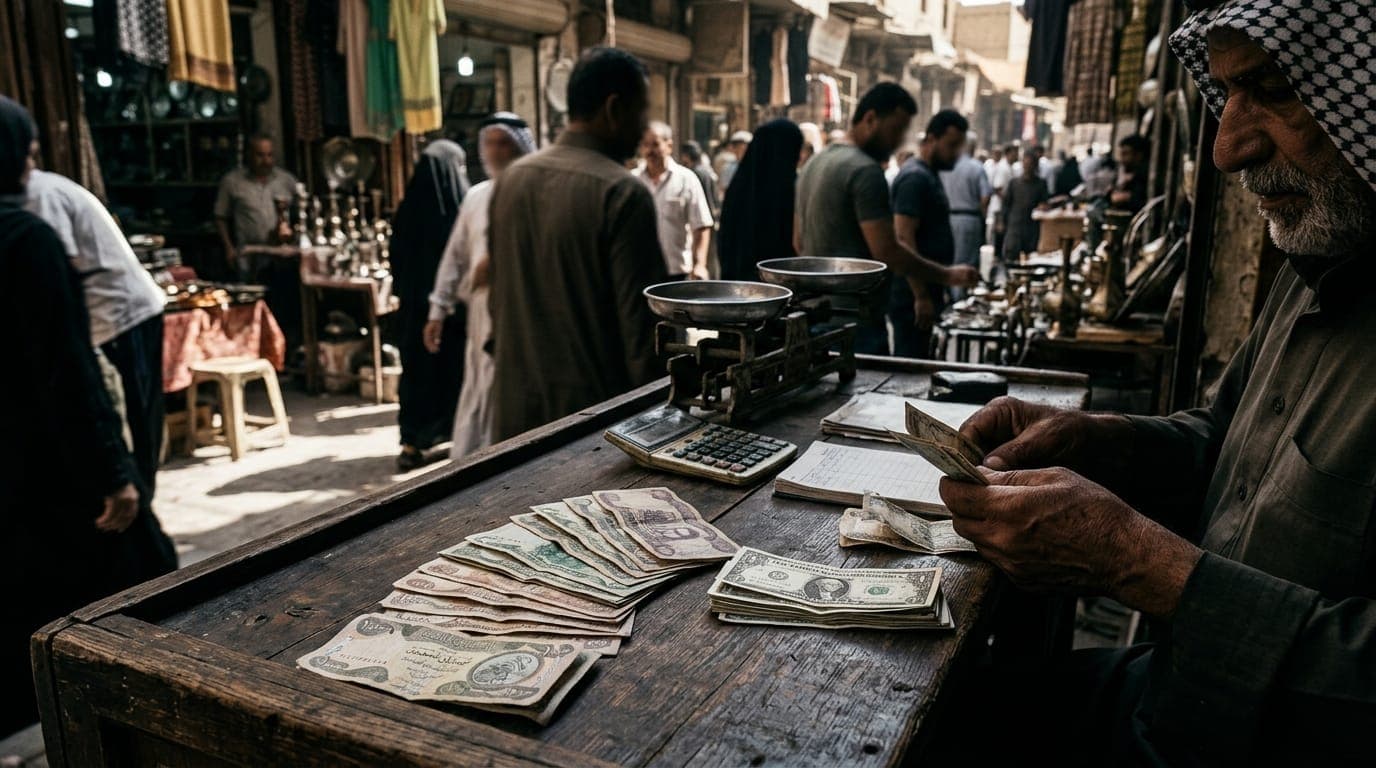 A street-level money changer's wooden stall in Baghdad's bustling market district holds fanned-out stacks of worn Iraqi dinar banknotes beside a small pile of US dollar bills, bathed in