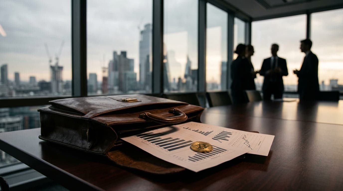 A weathered leather briefcase lies open on a mahogany conference table, spilling out printed bar charts and performance graphs, with a single physical gold Bitcoin coin resting atop the
