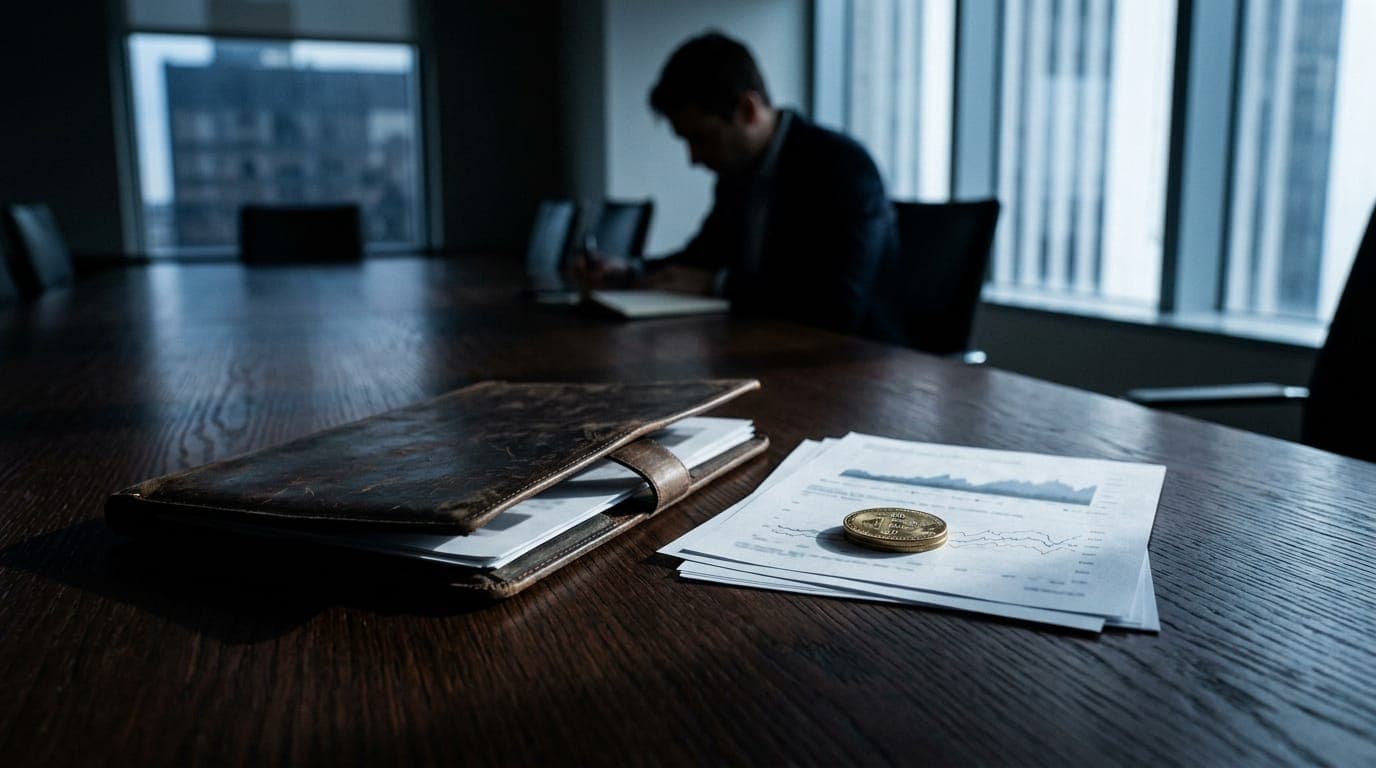 A worn leather portfolio lies open on a dark mahogany conference table beside a small stack of printed charts, a gleaming physical gold-colored bitcoin coin resting atop the papers, caught