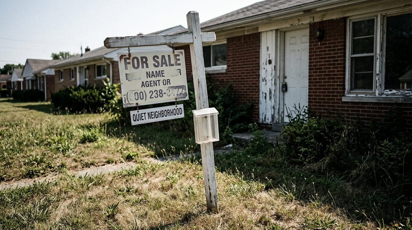 A sun-bleached wooden FOR SALE sign leans at a slight angle in the overgrown front lawn of a modest brick ranch house, its lockbox hanging unused on the door handle, while a single real