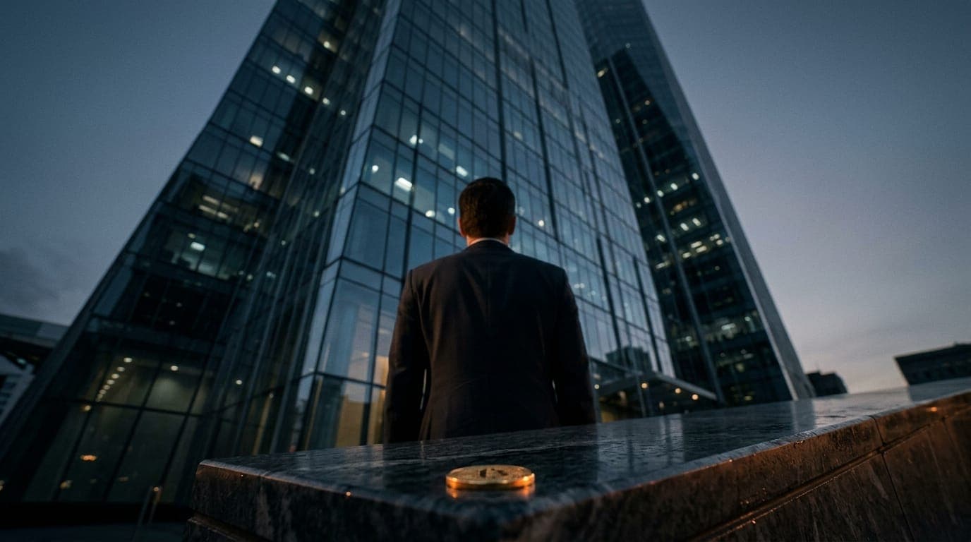 A suited figure seen from behind stands before a towering glass-and-steel financial district skyscraper at dusk, a small physical gold-toned bitcoin coin resting on the marble ledge in the