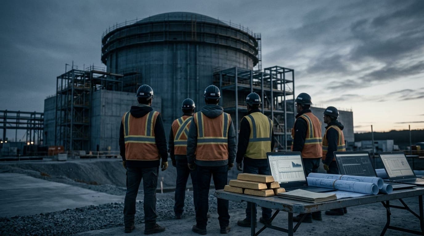 A cluster of engineers in hard hats and high-visibility vests stand with their backs to the camera, gazing up at the massive cylindrical dome of a nuclear reactor building bathed in cool