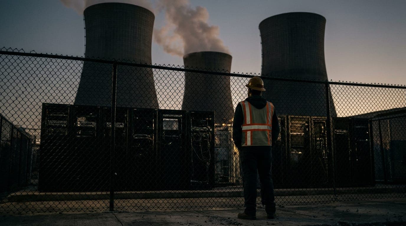 A worker in a yellow hard hat and reflective vest stands with their back to the camera, gazing up at the massive curved concrete cooling towers of a nuclear power plant at dusk, the towers