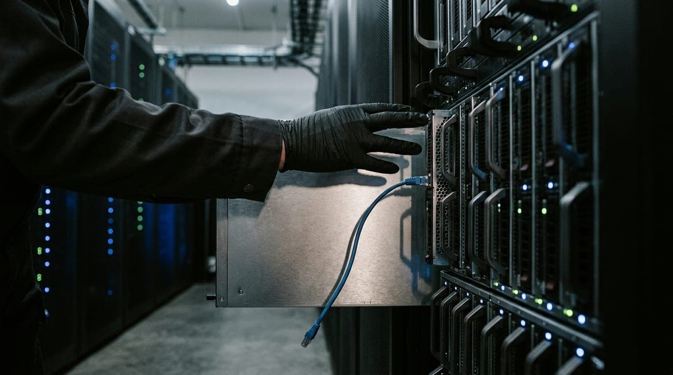 A gloved hand hovers motionless over a humming server rack bathed in cold blue LED light, while a single Ethernet cable dangles loosely from an open port, casting a thin shadow across the