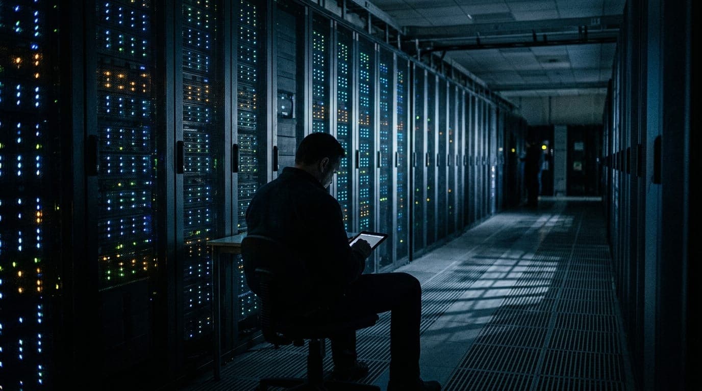 A lone figure sits silhouetted against a towering wall of glowing server rack indicator lights in a darkened data center, the cool blue and amber LEDs casting long geometric shadows across