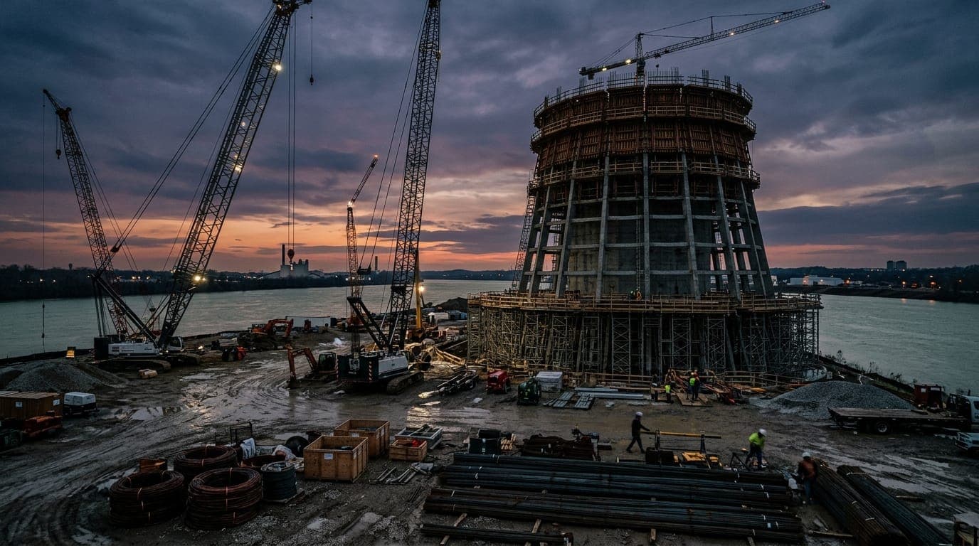 A wide-angle dusk shot of the Ohio River's gray-green water reflecting the orange and purple sky, with a massive concrete cooling tower construction framework rising from the muddy riverbank