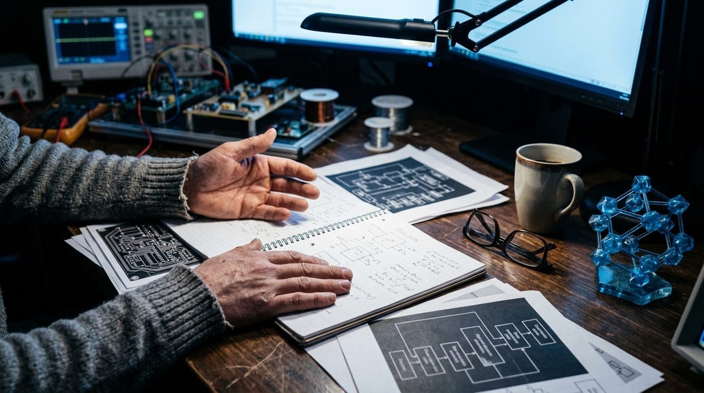 A researcher's hands rest over an open spiral-bound technical document on a cluttered wooden desk, surrounded by printouts of circuit diagrams, a translucent blue crystalline lattice model