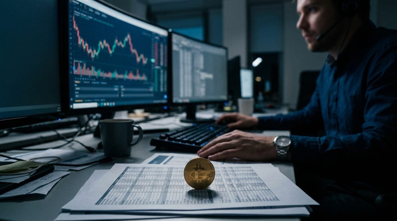 A trader's desk bathed in cool blue monitor glow holds a physical gold-toned bitcoin coin resting atop a printed spreadsheet of financial figures, with a blurred second screen displaying