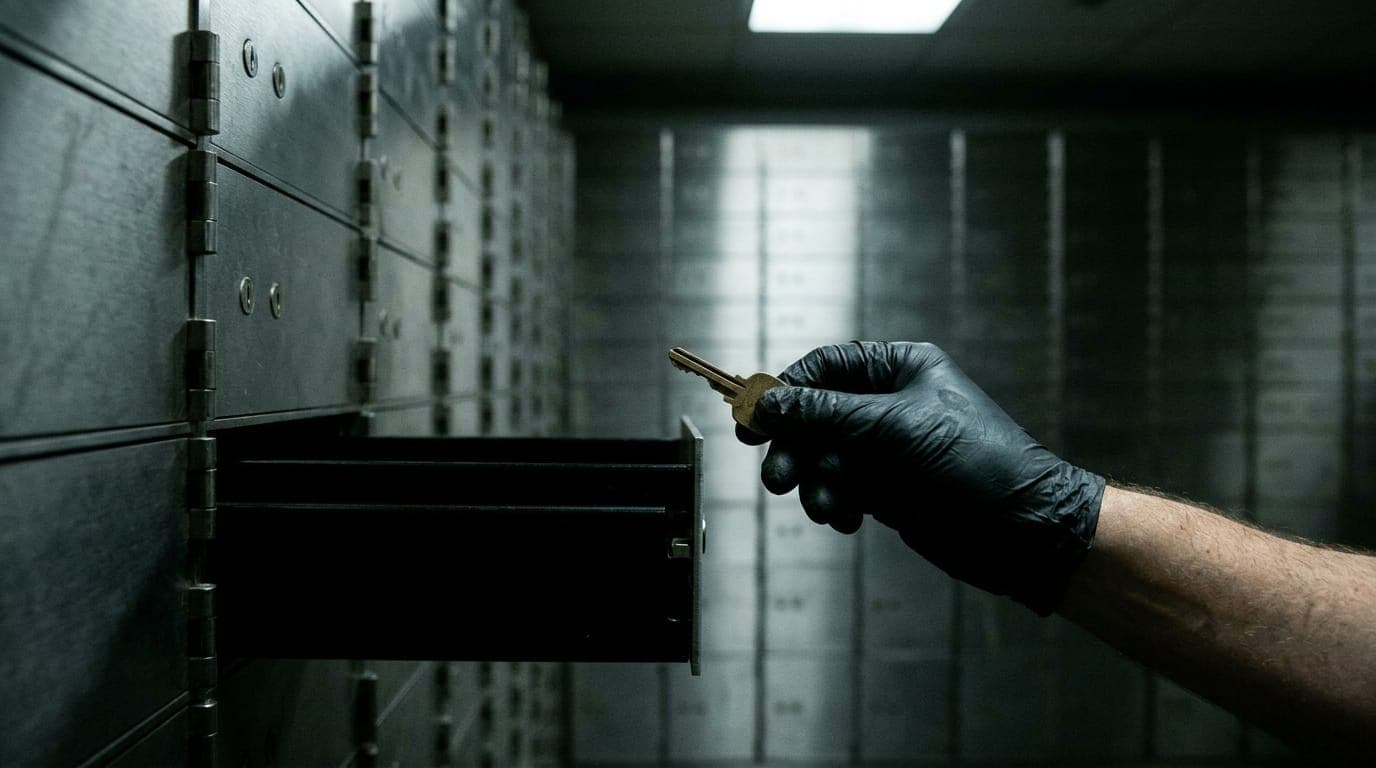 A gloved hand holds a single brass key over an open bank safe-deposit box drawer in a dimly lit vault room, the cold fluorescent overhead light casting hard shadows across rows of identical