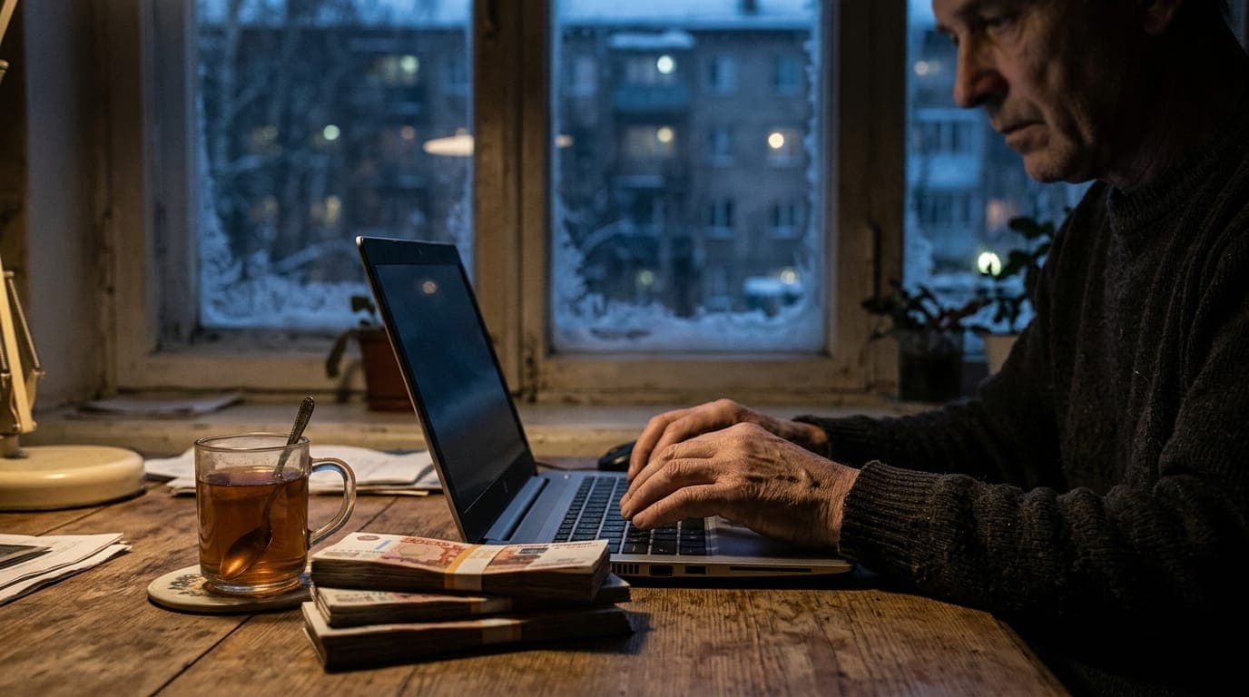 A Russian man's weathered hands hover over a laptop keyboard on a worn wooden kitchen table, the cold blue light of the screen illuminating stacks of paper rubles beside a glass of tea
