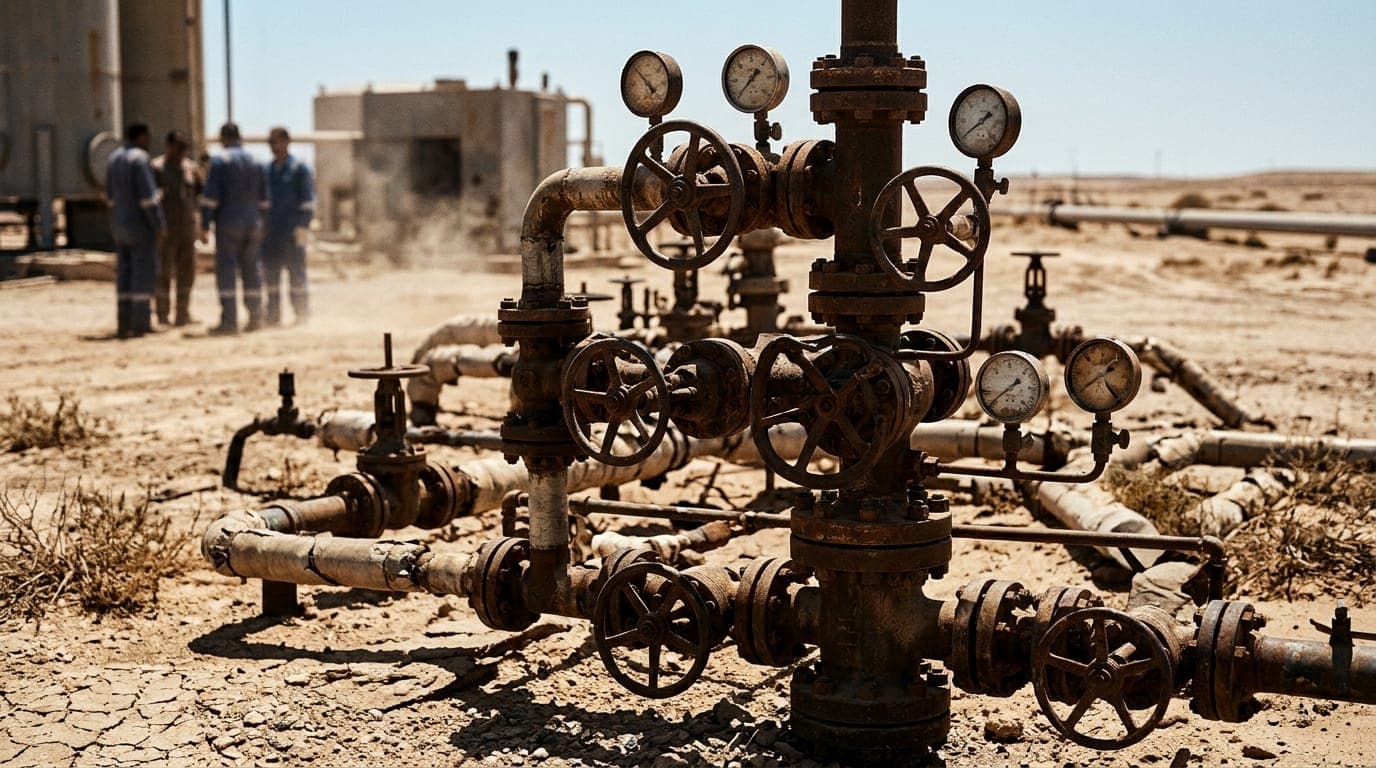 A tangle of rusted crude oil pipeline valves and pressure gauges sits in a sun-scorched desert facility, the harsh midday light casting sharp shadows across the weathered steel fittings