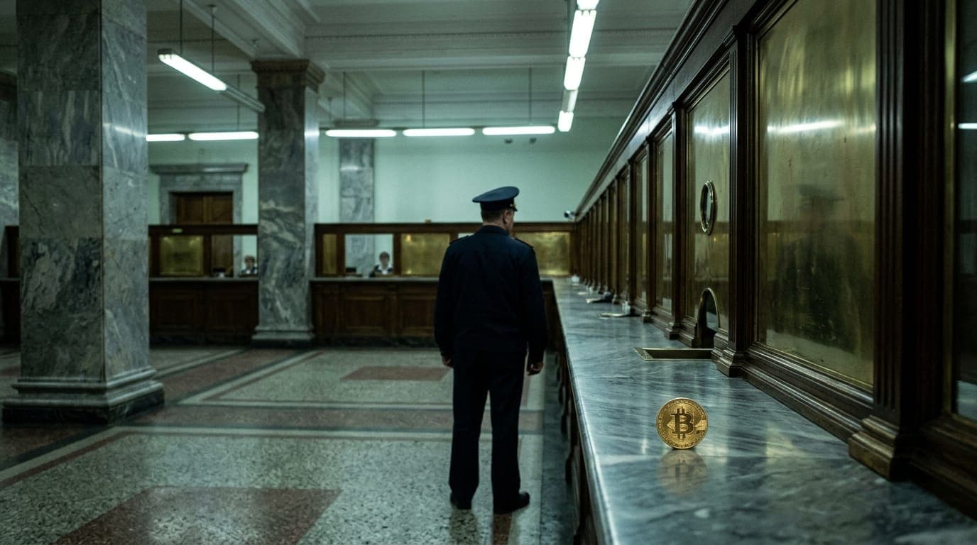 A wide-angle shot of a grand Soviet-era marble banking hall bathed in cold fluorescent light, where a lone security guard in a dark uniform stands with his back to the camera before a row of