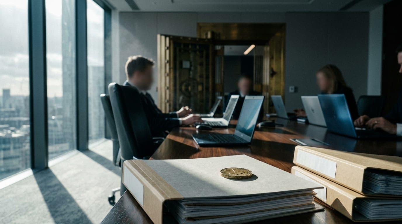 A mahogany boardroom table reflects the cool blue glow of multiple open laptops, with a heavy brass vault door slightly ajar in the background, stacks of regulatory binders and a single