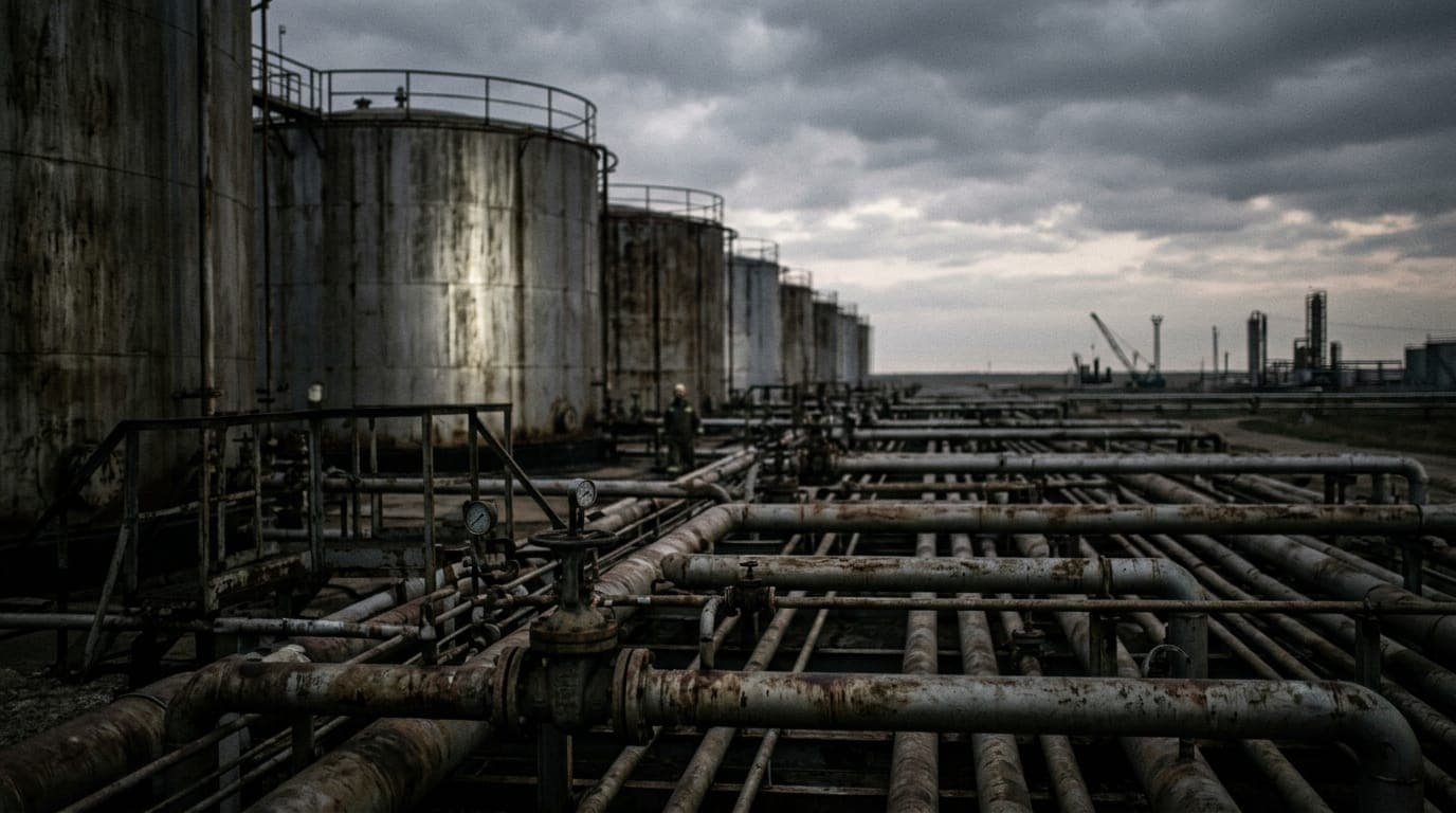 A row of oil storage tanks stretches toward a flat industrial horizon under a heavy overcast sky, their weathered steel surfaces reflecting pale gray light while a tangle of rusted pipes and