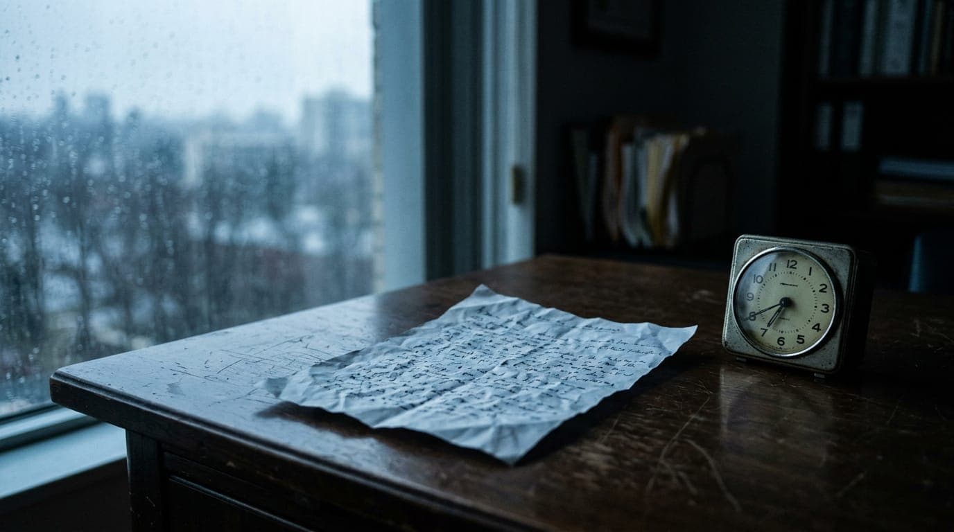 A crumpled paper job application rests on a worn wooden desk beside a small analog desk clock, bathed in the cold blue-grey light of an overcast morning streaming through a rain-streaked