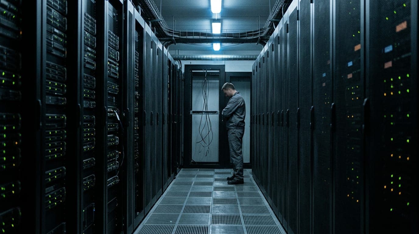 A massive server room stretches into the distance under cold blue-white fluorescent light, its densely packed black metal racks bristling with blinking amber and green indicator lights
