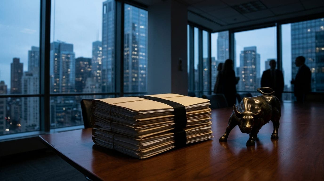 A stack of thick manila IPO prospectus folders sits on a polished mahogany conference room table beside a gleaming brass bull figurine, bathed in the cool blue-grey light filtering through
