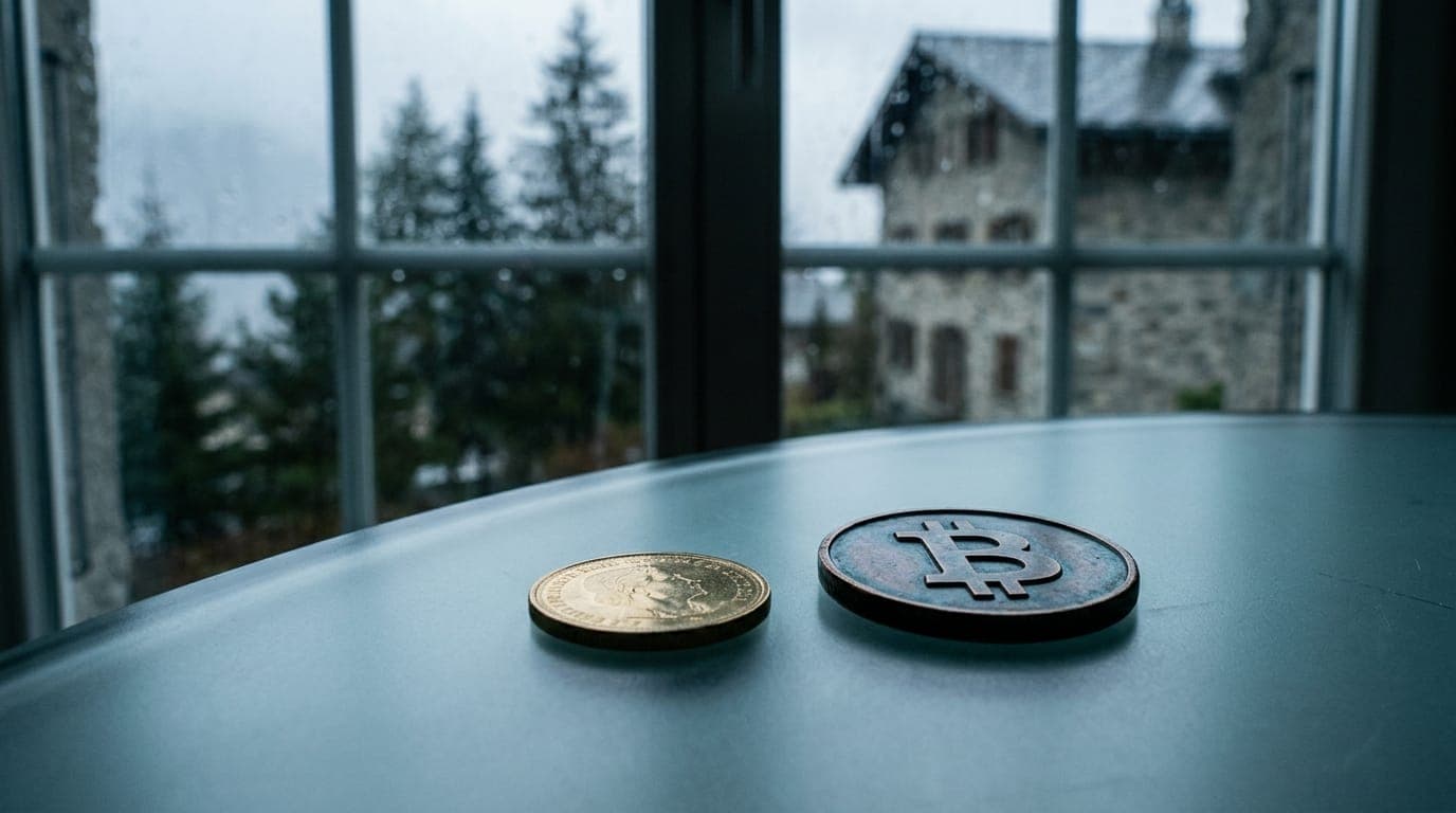 A golden-tinted Swiss franc coin rests on a frosted glass surface beside a small physical bitcoin token, both reflecting the cool blue afternoon light filtering through a tall alpine-style