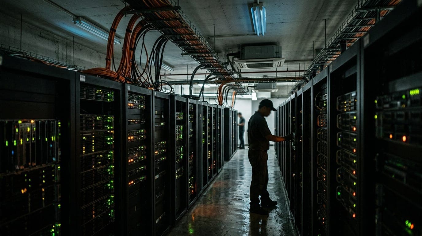 A dense row of black server rack units fills a humid, dimly lit data center corridor in Southeast Asia, their blinking amber and green indicator lights casting fragmented reflections across