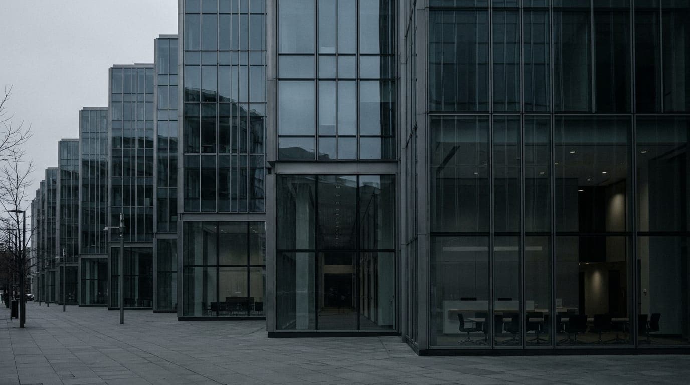 A row of identical glass-and-steel office tower facades reflects a gray overcast sky, their lobby interiors visible through floor-to-ceiling windows revealing empty reception desks