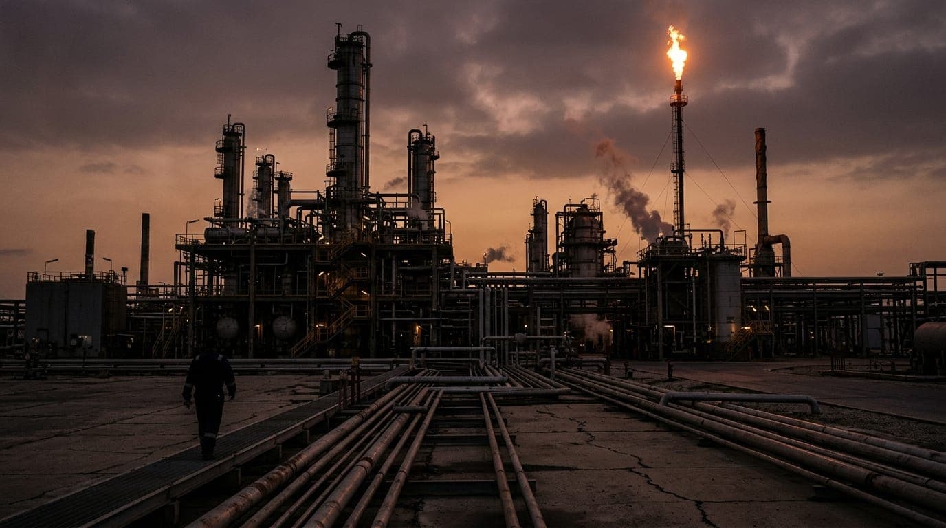 A wide-angle ground-level shot of a sprawling oil refinery at dusk, its towering steel distillation columns and flare stacks silhouetted against a deep amber sky, with a foreground of