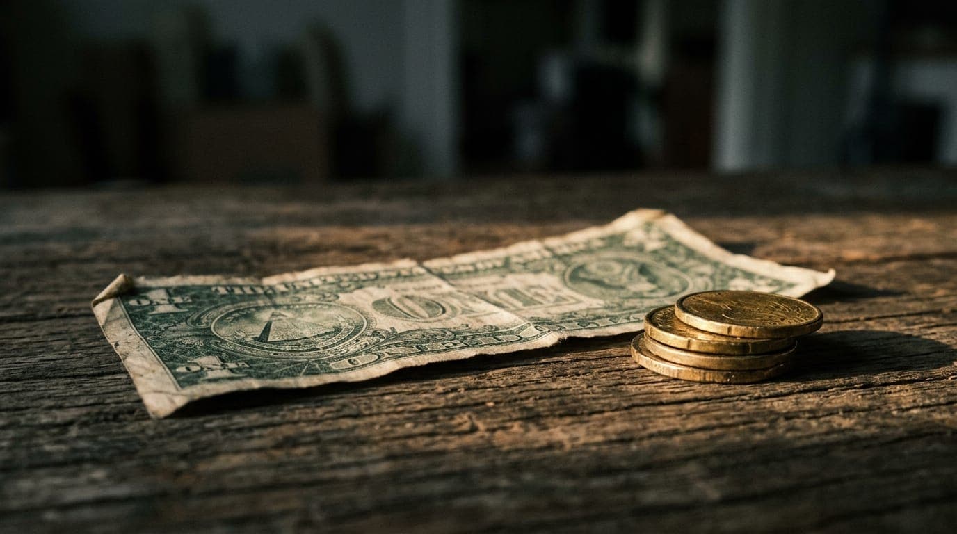 A crumpled, worn dollar bill lies on a weathered wooden surface beside a small stack of gold-colored coins, shot in raking afternoon light that casts long shadows and accentuates the frayed
