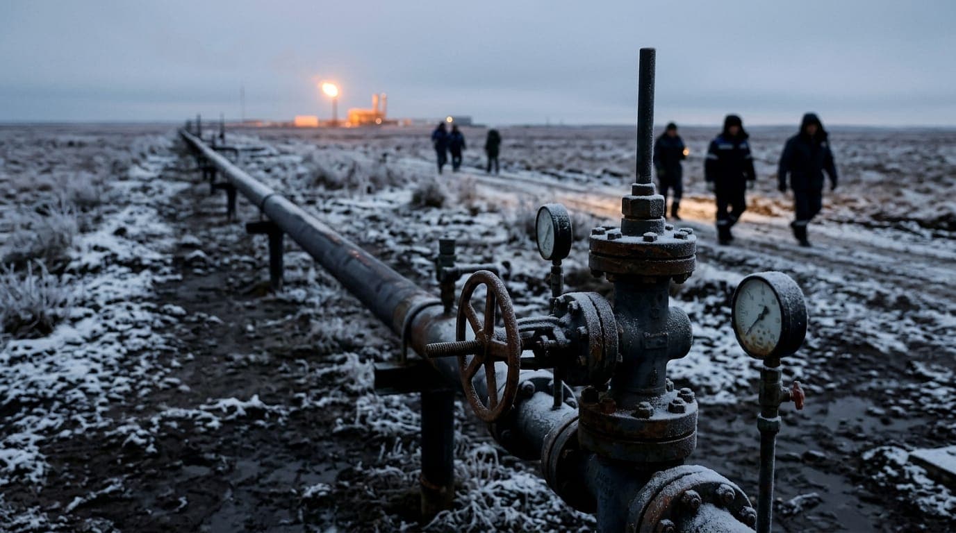 A weathered natural gas pipeline stretches across a frost-covered Eastern European plain under a pale winter sky, its rusted valve wheel and pressure gauges dusted with snow, warm amber