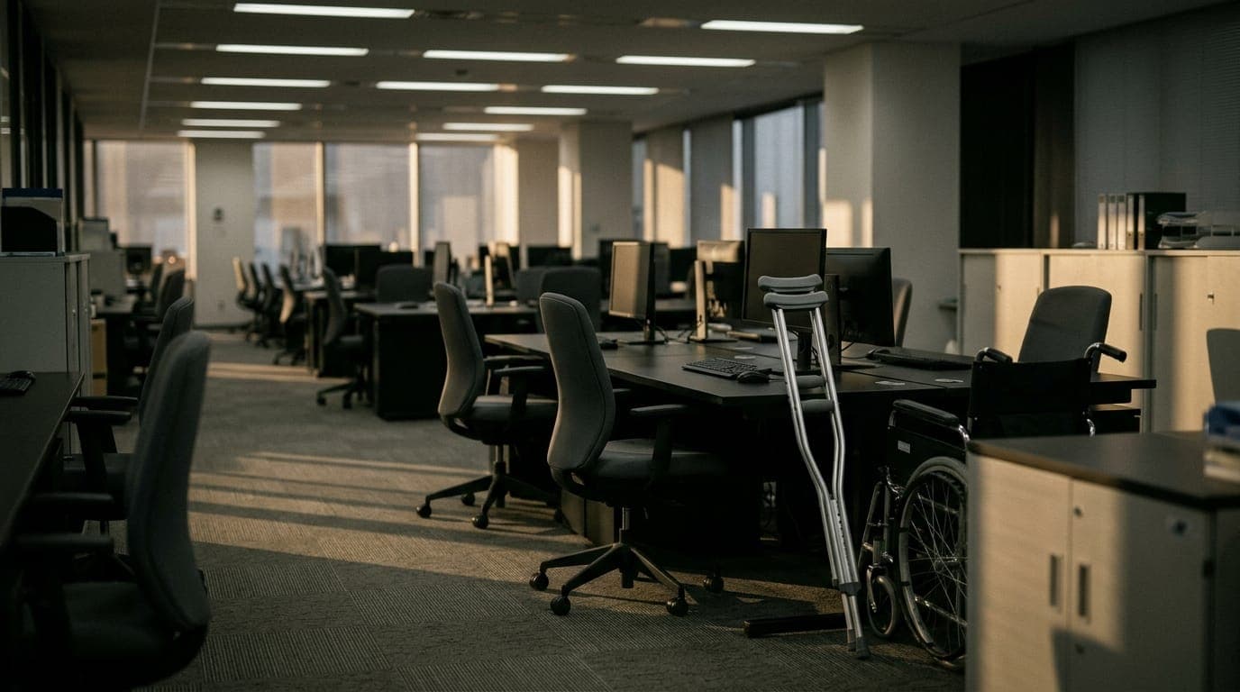 A row of empty office chairs sits abandoned in a fluorescent-lit open-plan workspace, crutches and a folded wheelchair leaning against one desk, afternoon light casting long shadows across