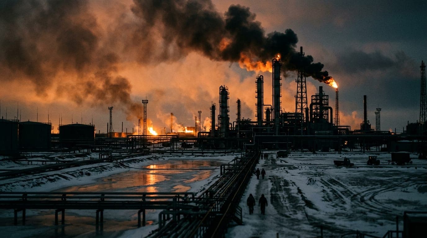 A vast oil refinery silhouetted against a smoke-choked orange sky at dusk, with thick black plumes billowing from a cluster of steel distillation towers and storage tanks reflecting the glow