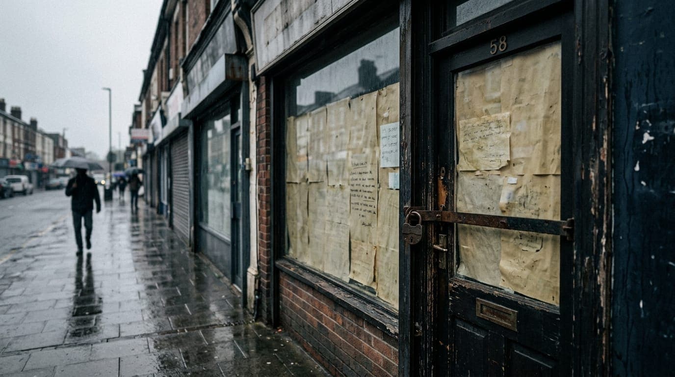 A shuttered storefront on a rain-slicked Main Street sidewalk, its glass window covered with yellowed paper from inside, a rusted padlock hanging from the door handle, photographed in flat