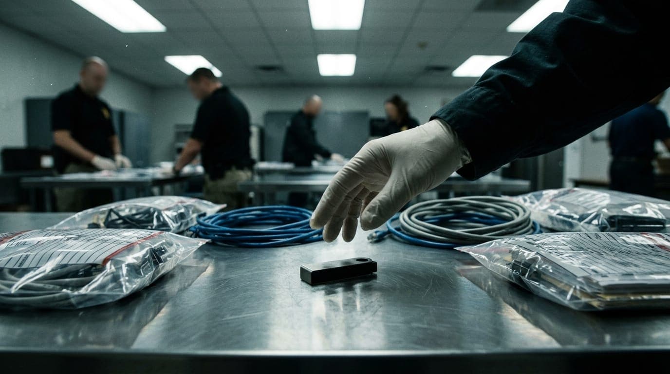 A federal agent's latex-gloved hand hovers over a cold storage hardware wallet resting on a stainless steel evidence table, bathed in the harsh overhead fluorescent light of a government