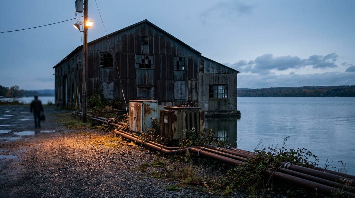 A decommissioned industrial building sits at the edge of Seneca Lake at dusk, its corrugated metal walls reflecting the cold gray-blue water below, with thick conduit pipes and transformer
