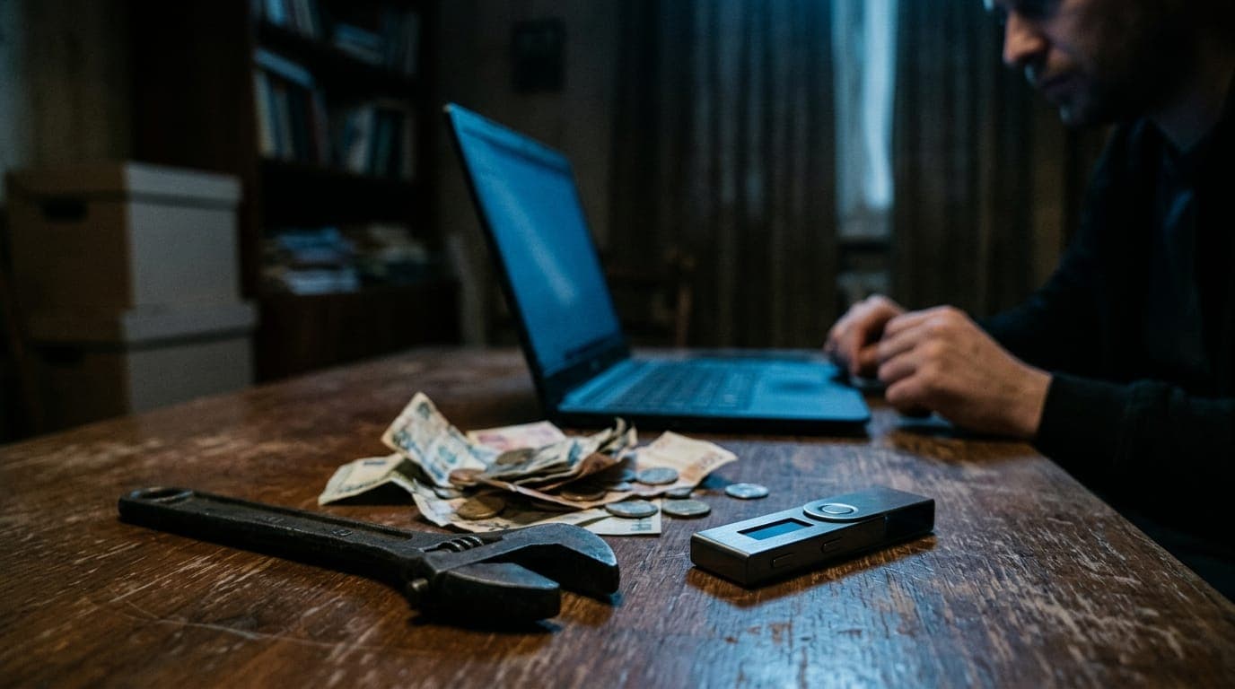 A heavy adjustable wrench rests on a worn wooden table beside a small pile of crumpled cash and a sleek metal hardware wallet, lit by the cool blue glow of a nearby laptop screen in a dimly