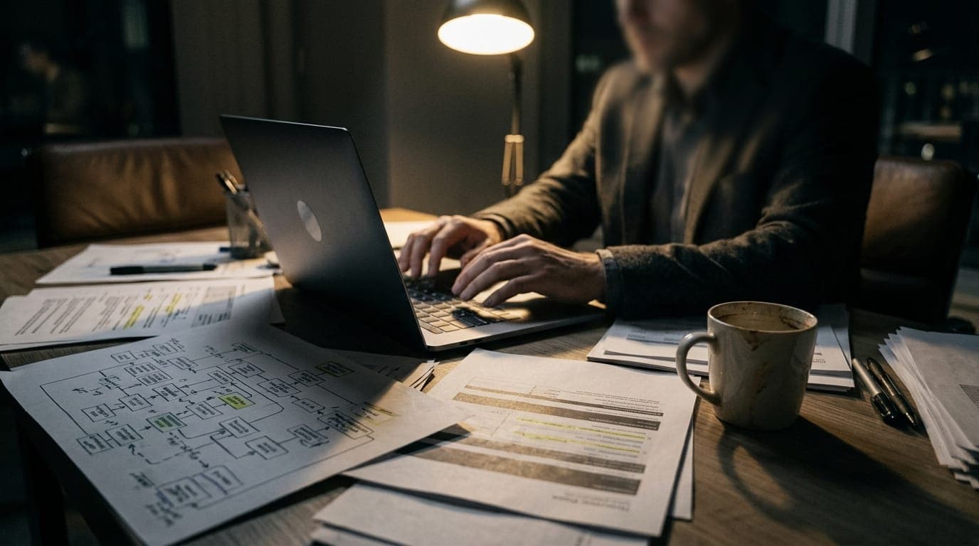 A lone analyst's hands hover over a glowing laptop keyboard in a dim room, surrounded by scattered printouts covered in flowchart diagrams and highlighted transaction trails, a half-empty